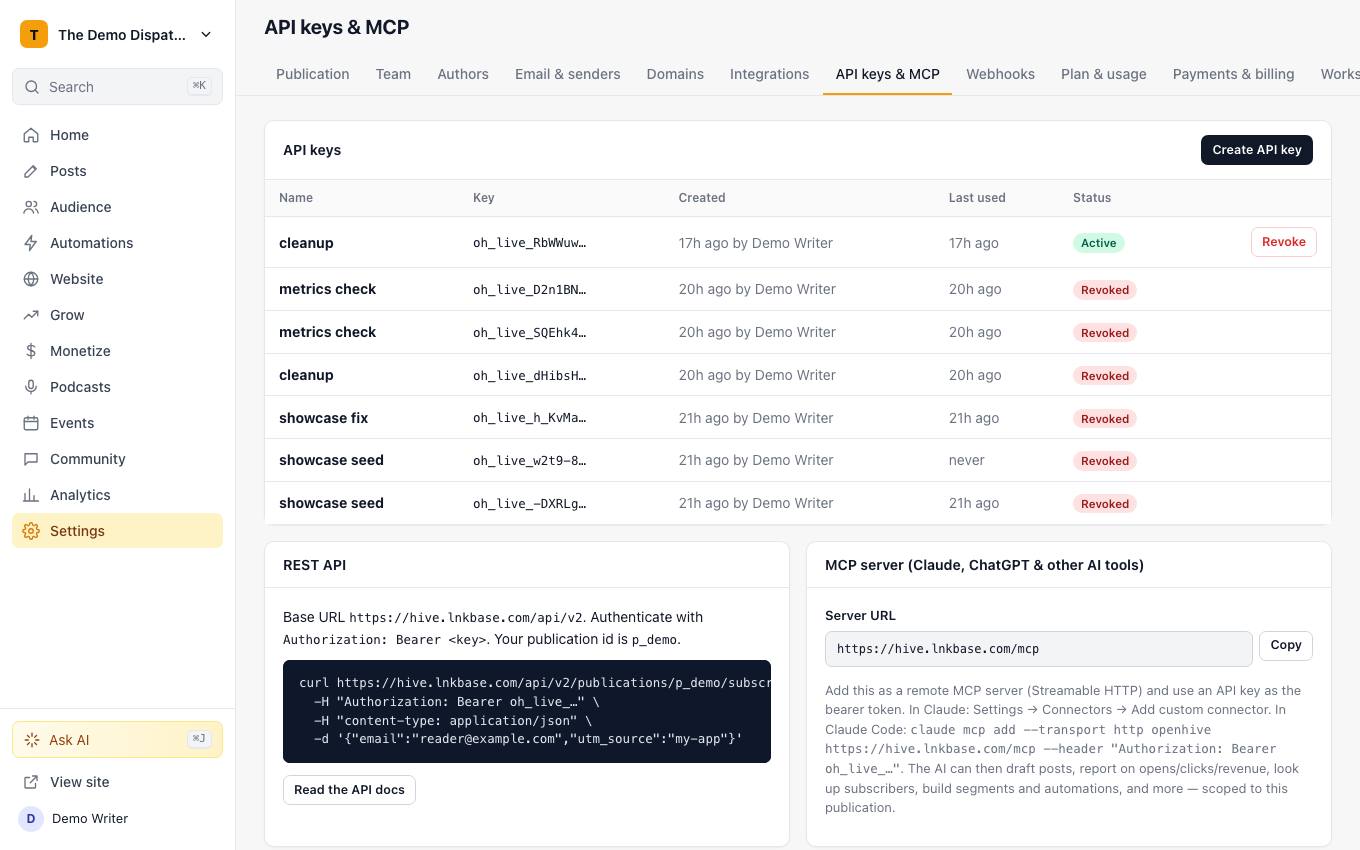 API keys and MCP settings
