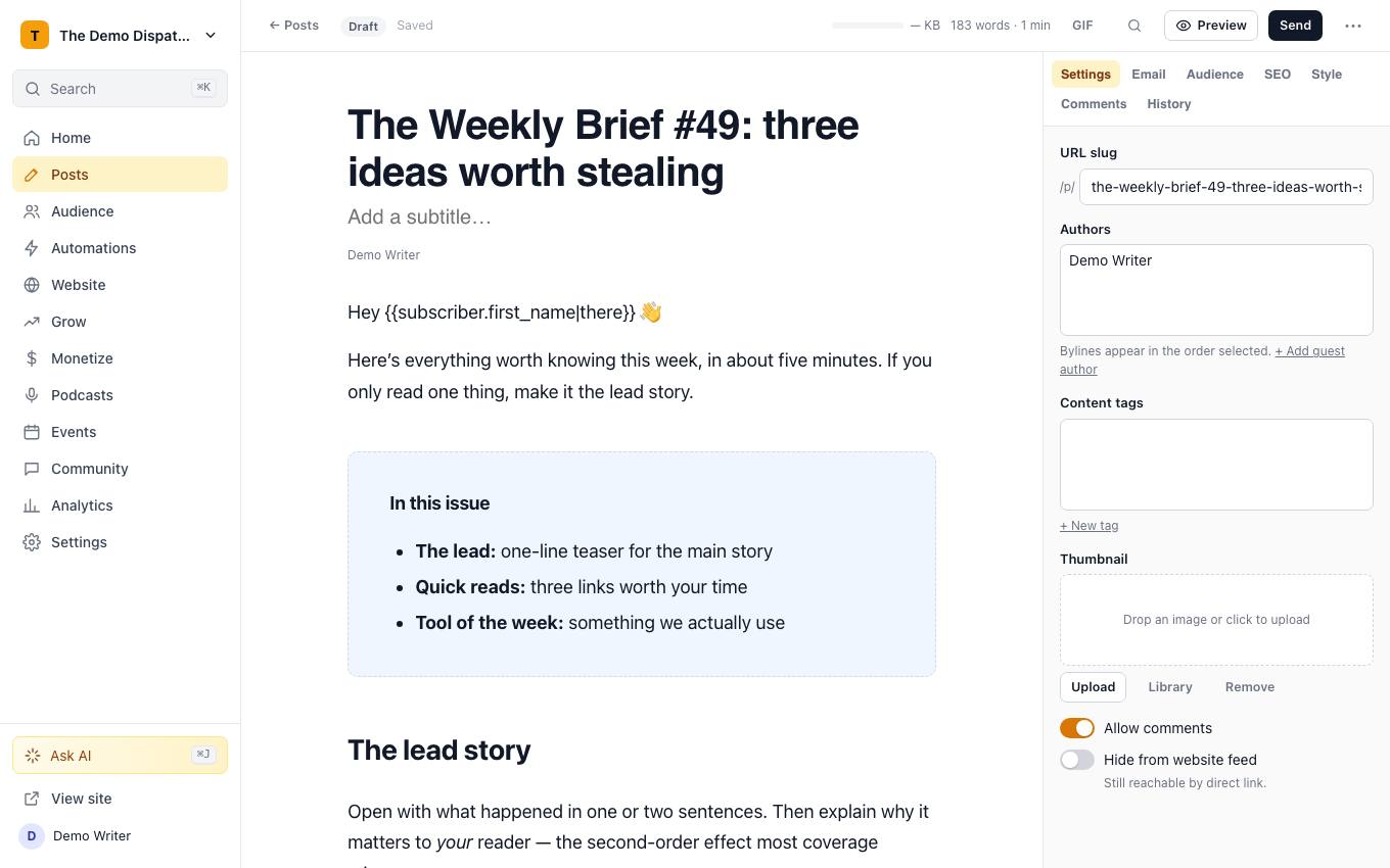 The Lnkbase Newsletter post editor